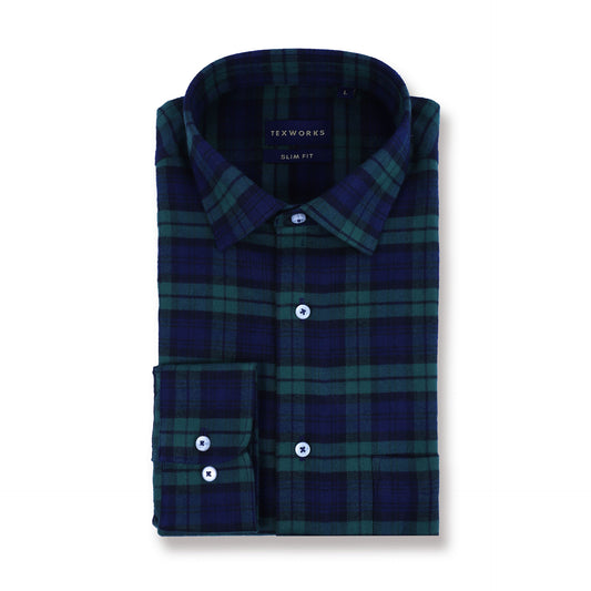 Green Flannel Brushed Check Twill Yarn Dyed Shirt