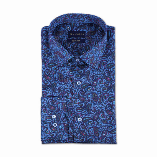 Blue Paisley Satin Printed Shirt