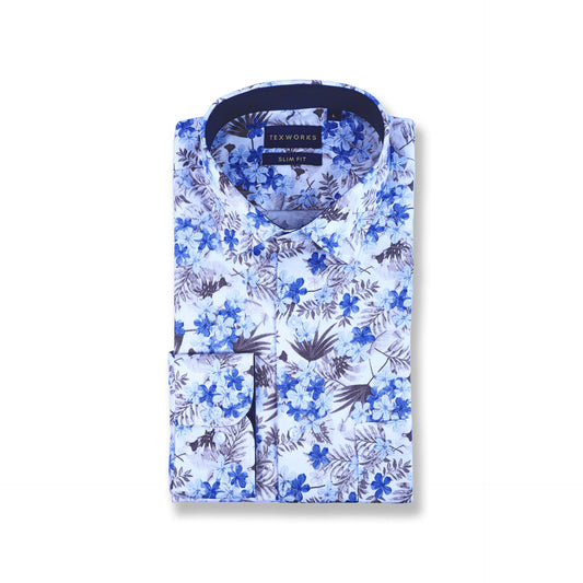 Blue Floral Satin Printed Shirt