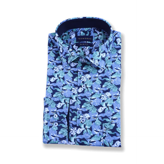 Blue Floral Satin Printed Shirt