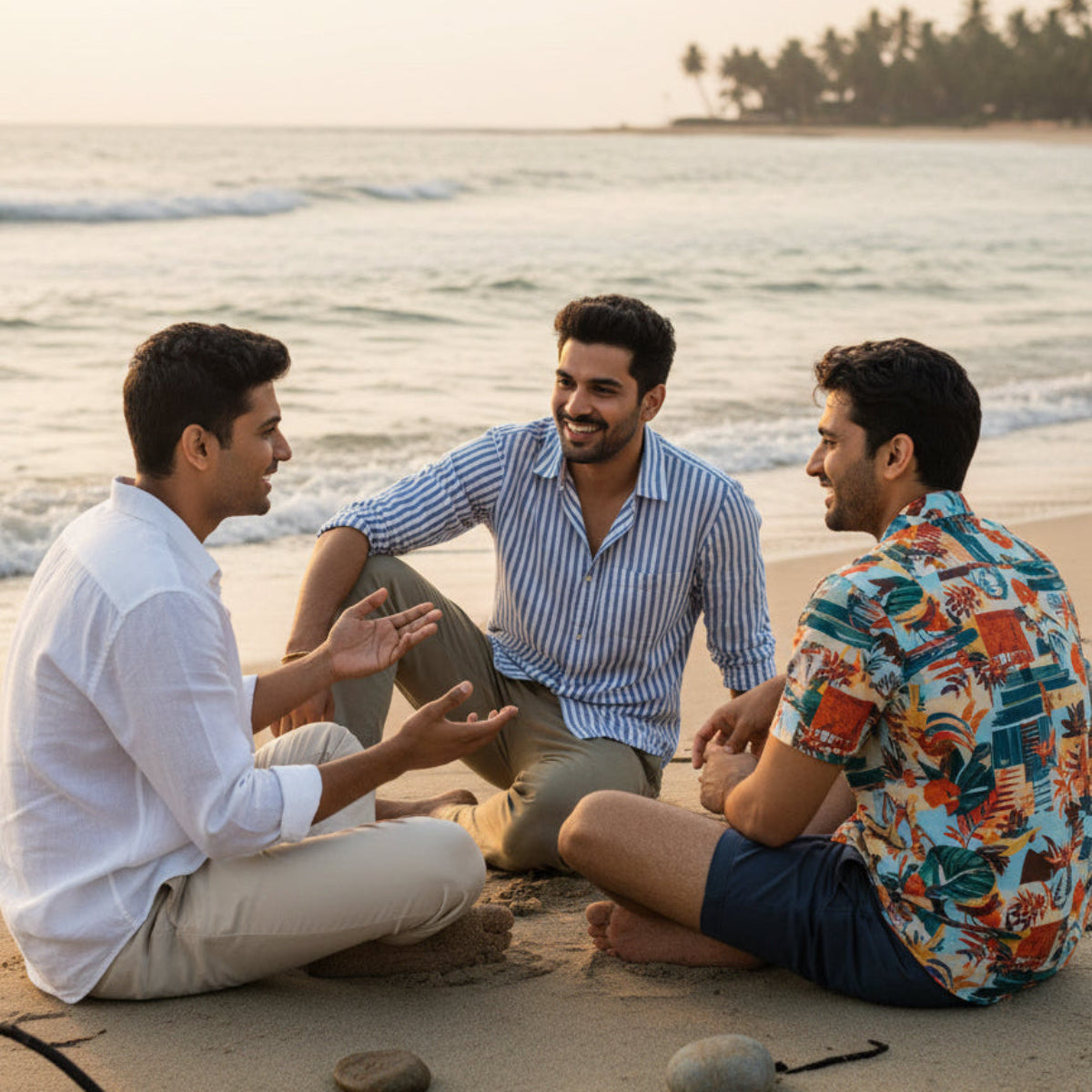 Three men sitting on a beach talking to each other