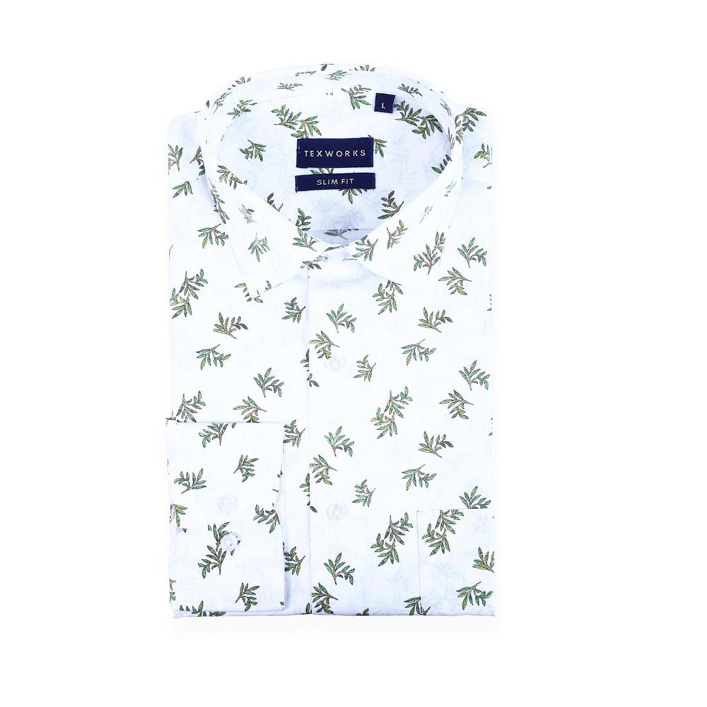 White Floral Poplin Printed Shirt, Buy Cut Away Collar Cotton Shirt for men